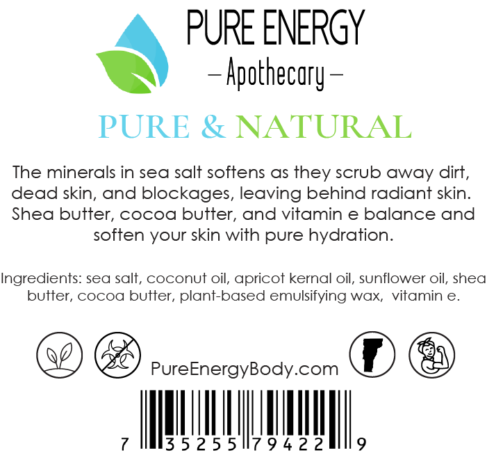 A jar of Pure & Natural Sea Salt Scrub with a smooth texture, showcasing its natural ingredients and a refreshing look.