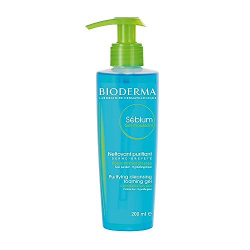 Bioderma Sebium Purifying Cleansing Foaming Gel in a clear bottle with a pump dispenser, designed for oily skin.