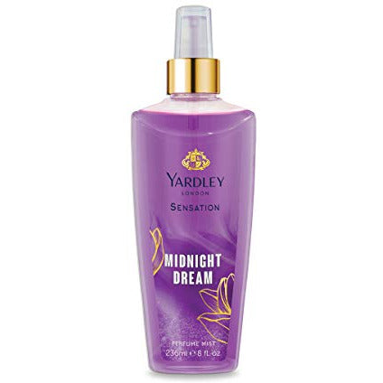 Yardley Sensation Midnight Dream Perfume Mist in an elegant bottle, showcasing its luxurious design and captivating fragrance.