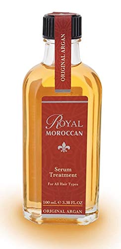 Bottle of Royal Moroccan Serum Treatment with a sleek design, showcasing its nourishing properties for hair.