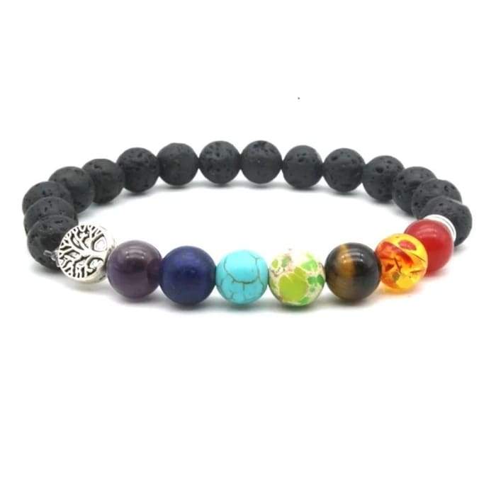 Seven Chakras Tree of Life Charms lava stone bracelet with essential oils, showcasing its unique design and natural stones.