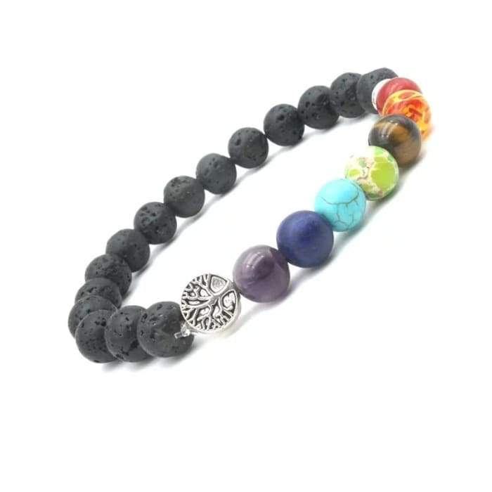 Seven Chakras Tree of Life Charms lava stone bracelet with essential oils, showcasing its unique design and natural stones.