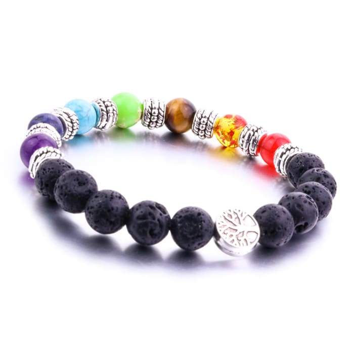 A stylish Seven Chakras Tree Of Life Lava Stone Essential Oil Bracelet featuring colorful chakra symbols and porous lava stones for essential oil absorption.