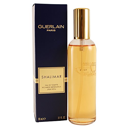 Guerlain Shalimar Eau de Toilette bottle with elegant design and blue hue.