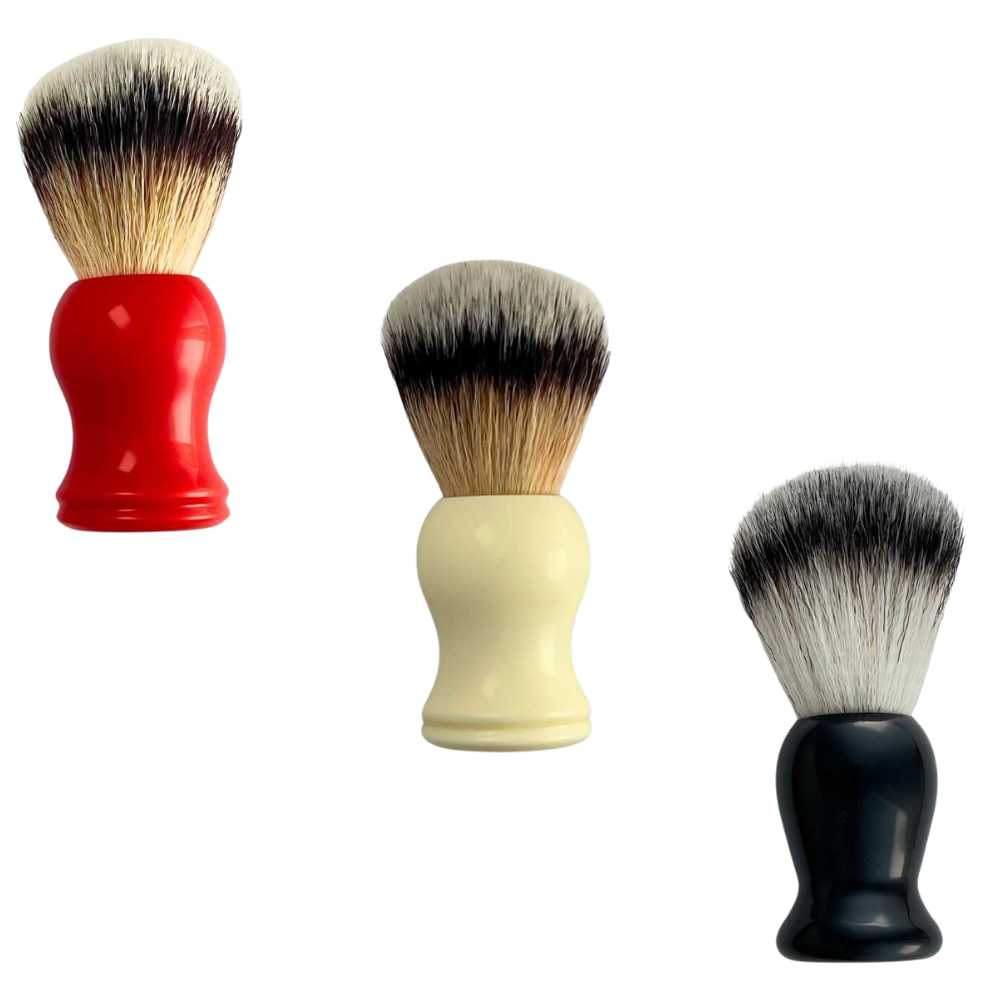 A stylish Shave Brush available in Black, Red, and White, featuring soft vegan bristles for a luxurious shaving experience.