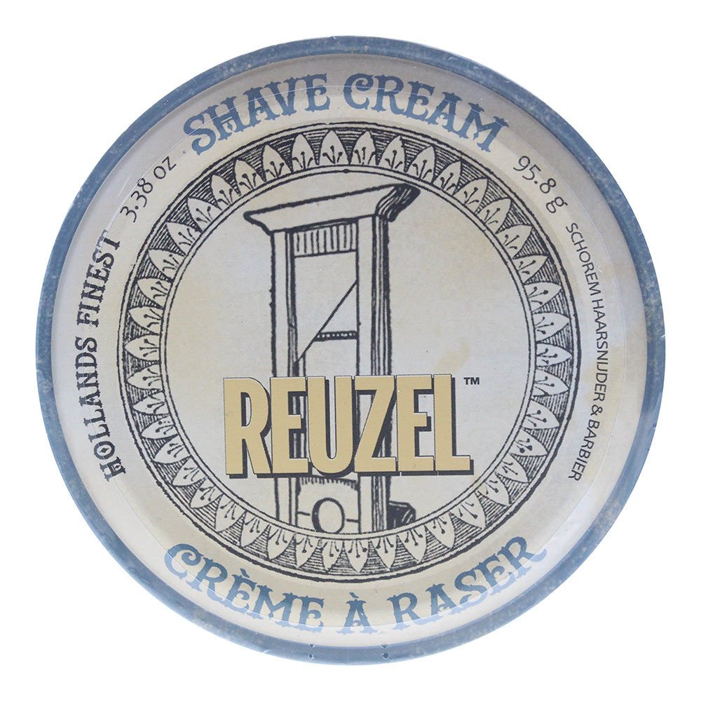 Reuzel Shave Cream in a sleek container, showcasing its rich texture and branding.