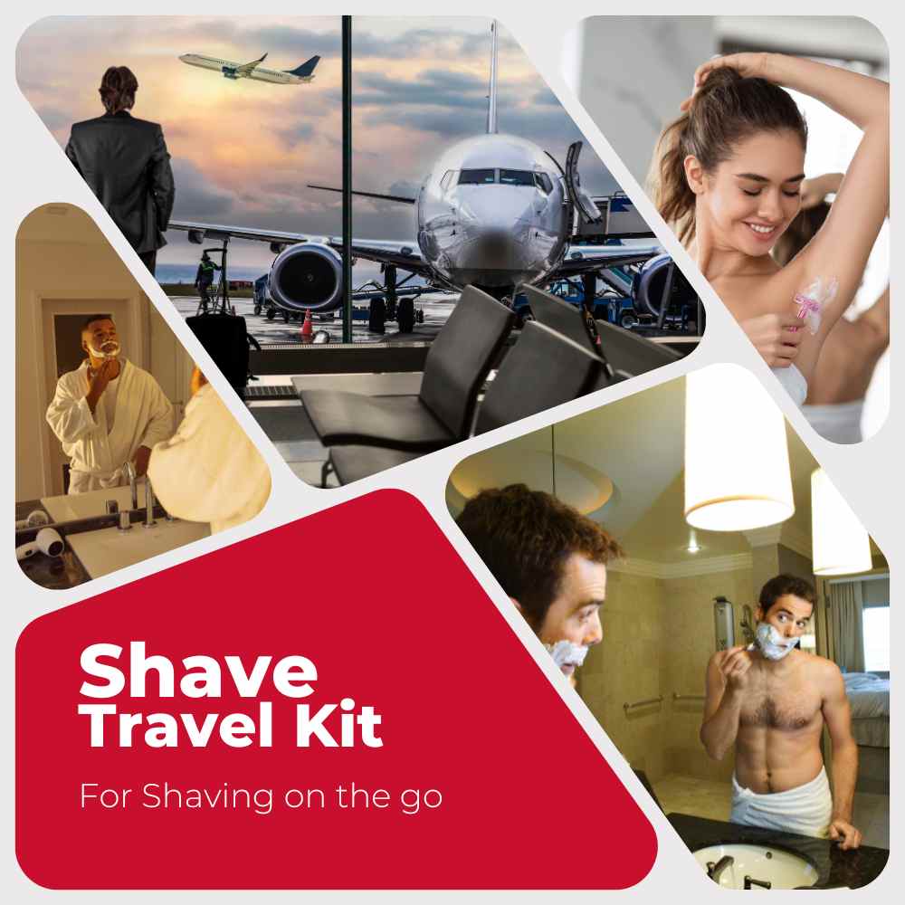 Shave Travel Kit featuring a cartridge razor, shave cream, aftershave, and face wash in a compact toiletry bag.