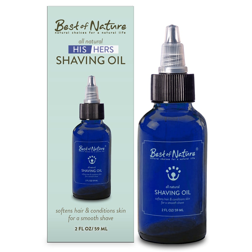 Bottle of 100% Natural Shaving Oil with applicator top, featuring chamomile, lime, and grapefruit ingredients.