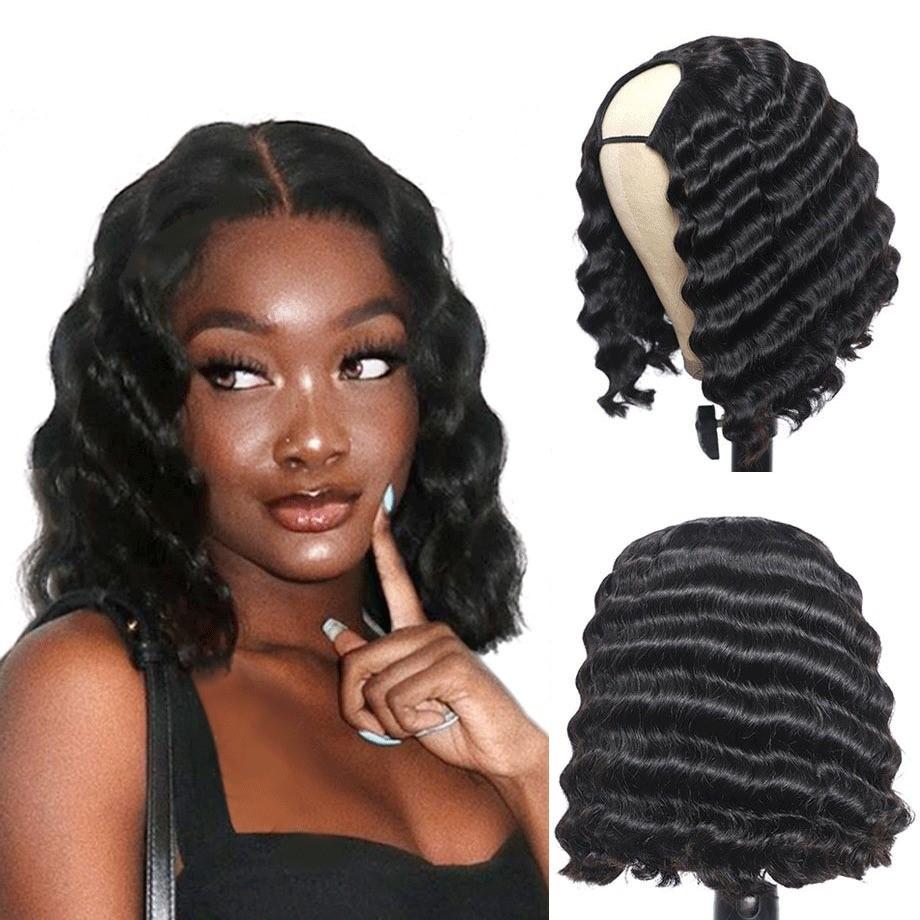 Short Bob U Part Wig made from Brazilian Remy human hair with loose deep wave texture in natural black color.