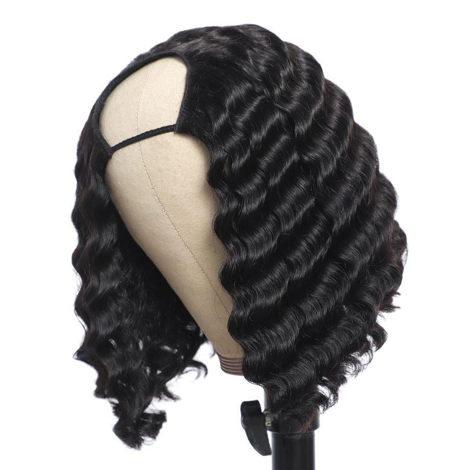 Short Bob U Part Wig made from Brazilian Remy human hair with loose deep wave texture in natural black color.