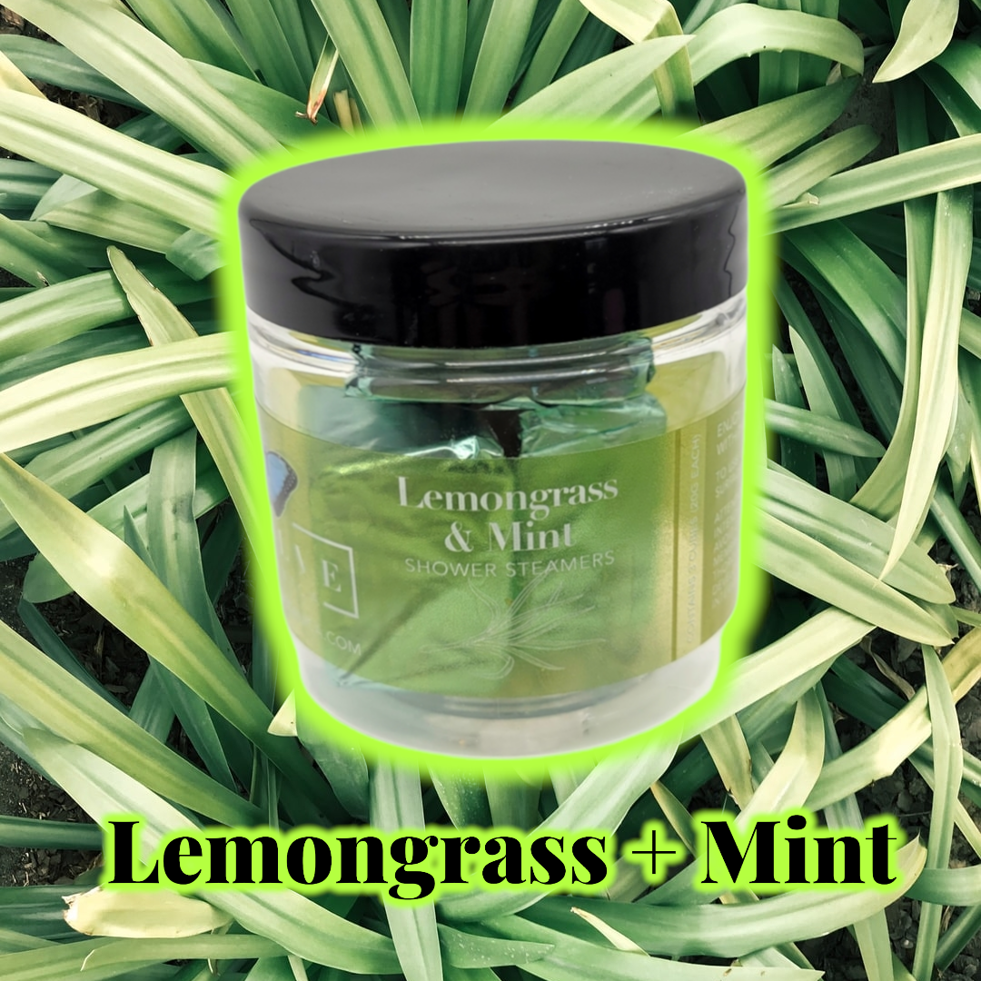 Lemongrass Mint Shower Steamers in eco-friendly packaging, showcasing three tablets ready for use in a refreshing shower experience.