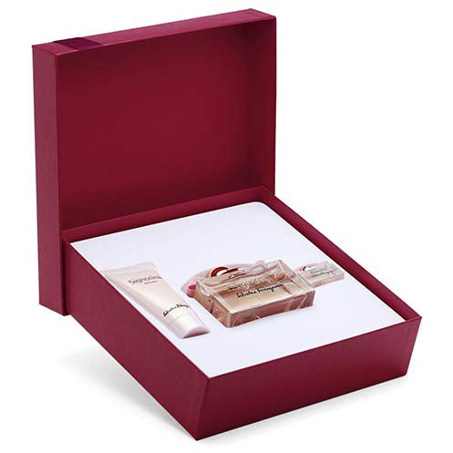 Salvatore Ferragamo Signorina Gift Set featuring 100ml EDP, 50ml Body Lotion, and 5ml EDP in elegant packaging.