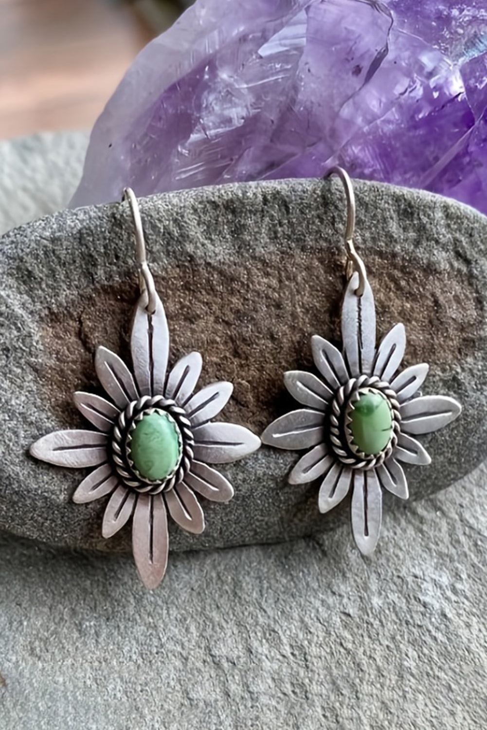 Silvery Western Turquoise Flower Shape Hook Earrings featuring vibrant turquoise stones in a floral design, perfect for stylish accessorizing.