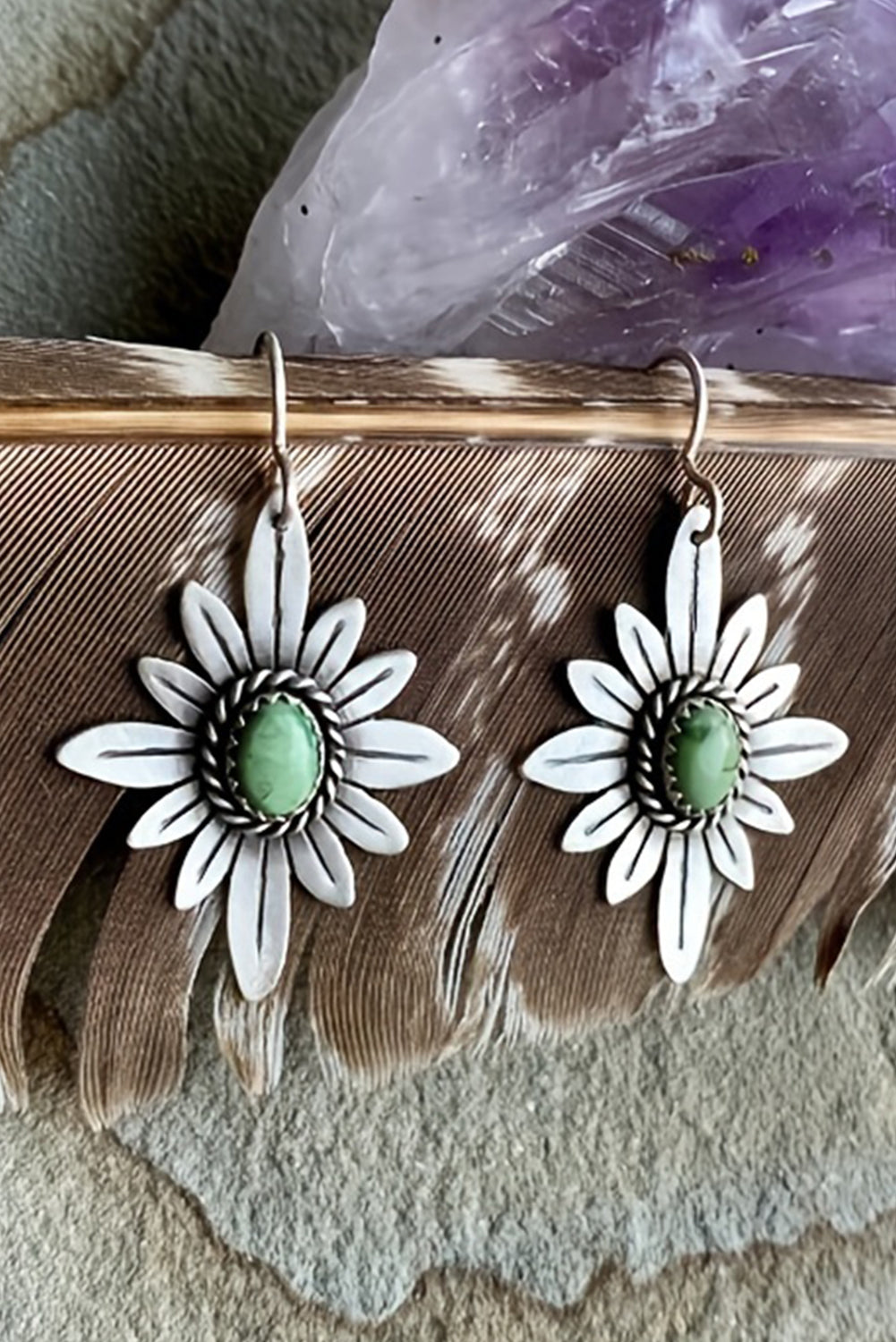 Silvery Western Turquoise Flower Shape Hook Earrings featuring vibrant turquoise stones in a floral design, perfect for stylish accessorizing.