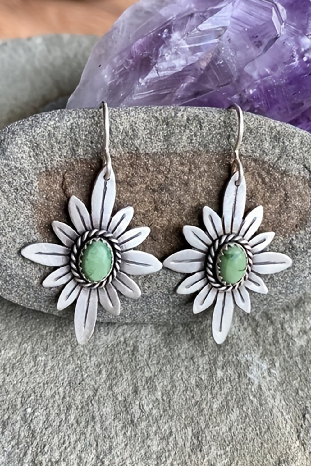 Silvery Western Turquoise Flower Shape Hook Earrings featuring vibrant turquoise stones in a floral design, perfect for stylish accessorizing.