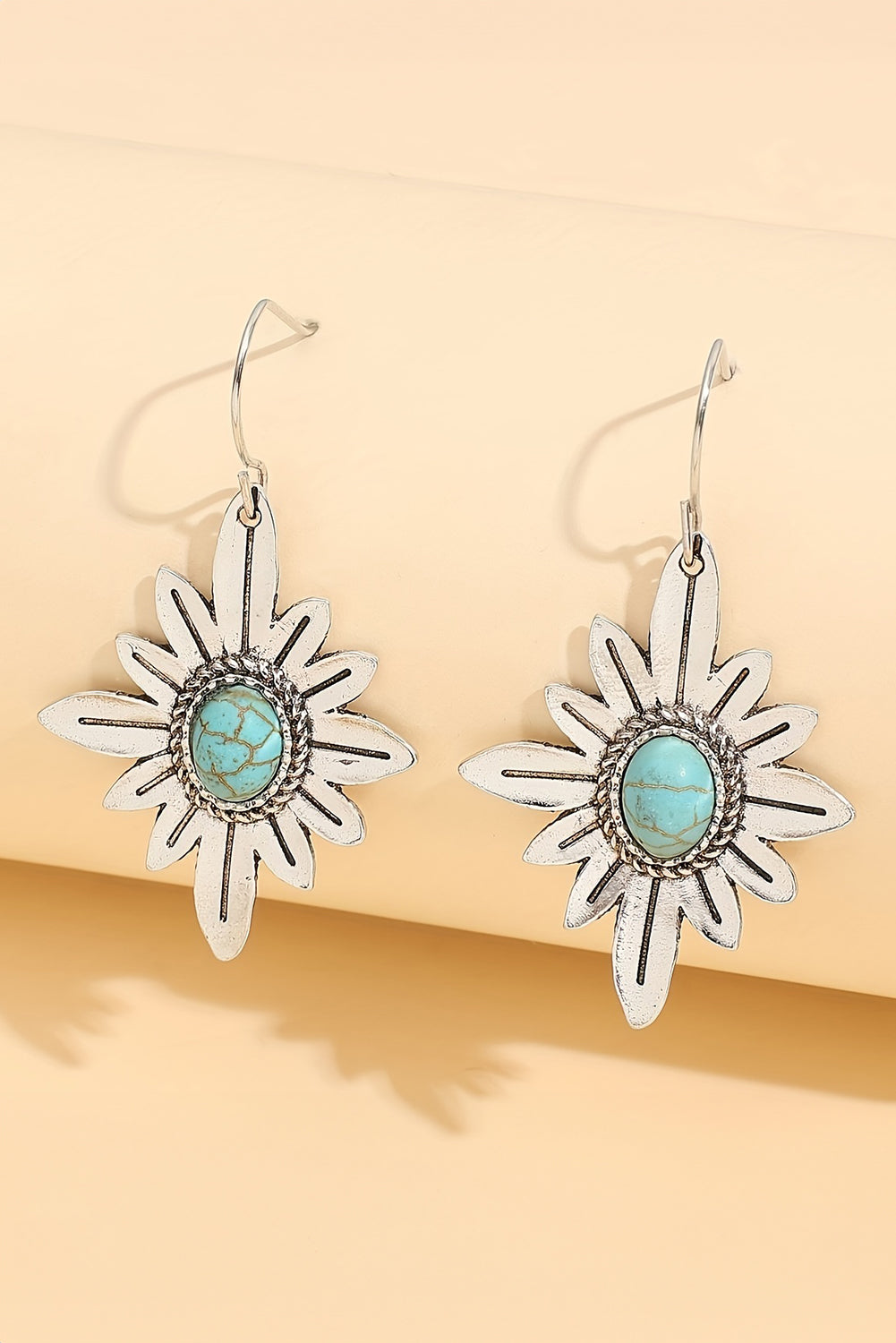 Silvery Western Turquoise Flower Shape Hook Earrings featuring vibrant turquoise stones in a floral design, perfect for stylish accessorizing.