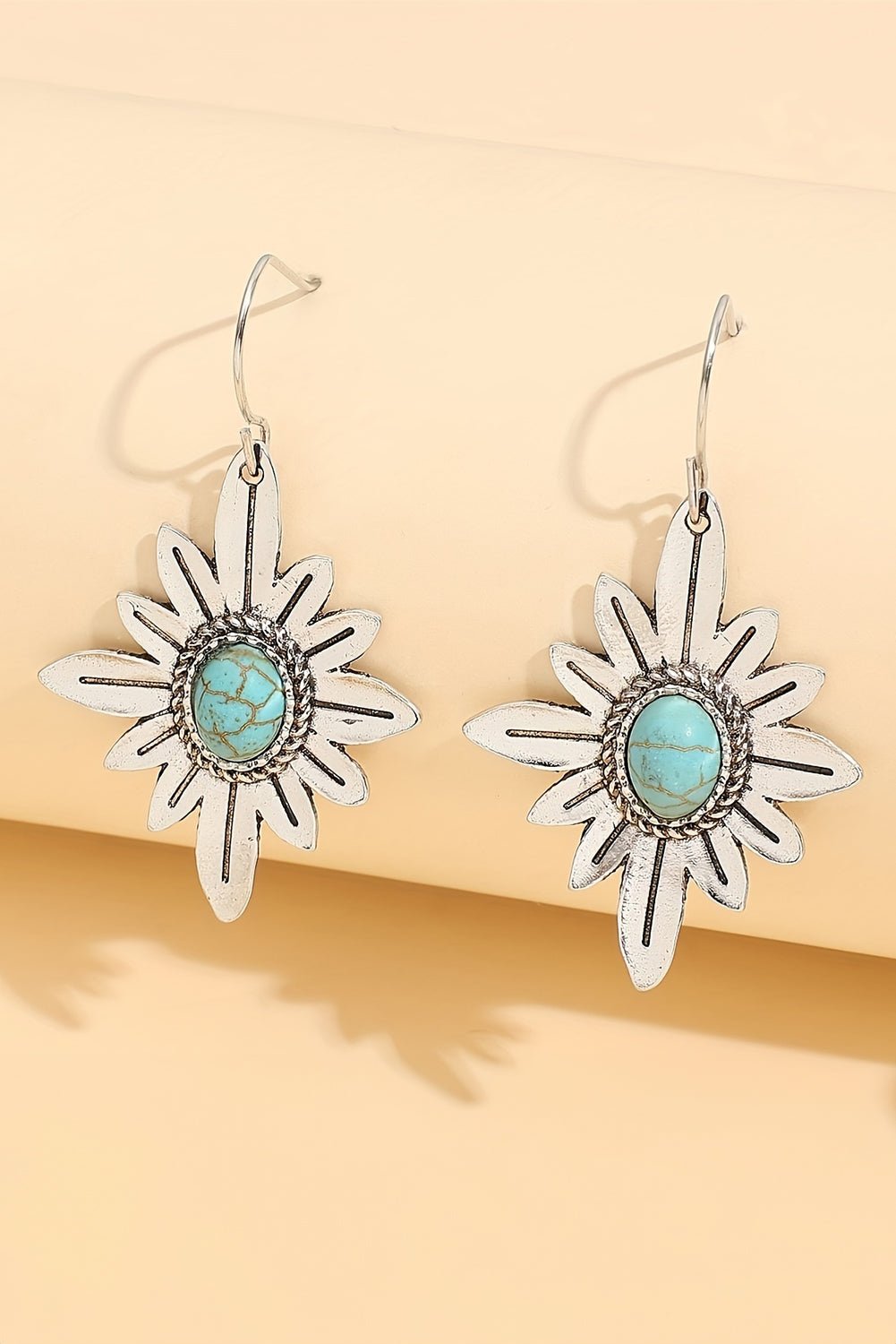 Silvery Western Turquoise Flower Shape Hook Earrings featuring vibrant turquoise stones in a floral design, perfect for stylish accessorizing.