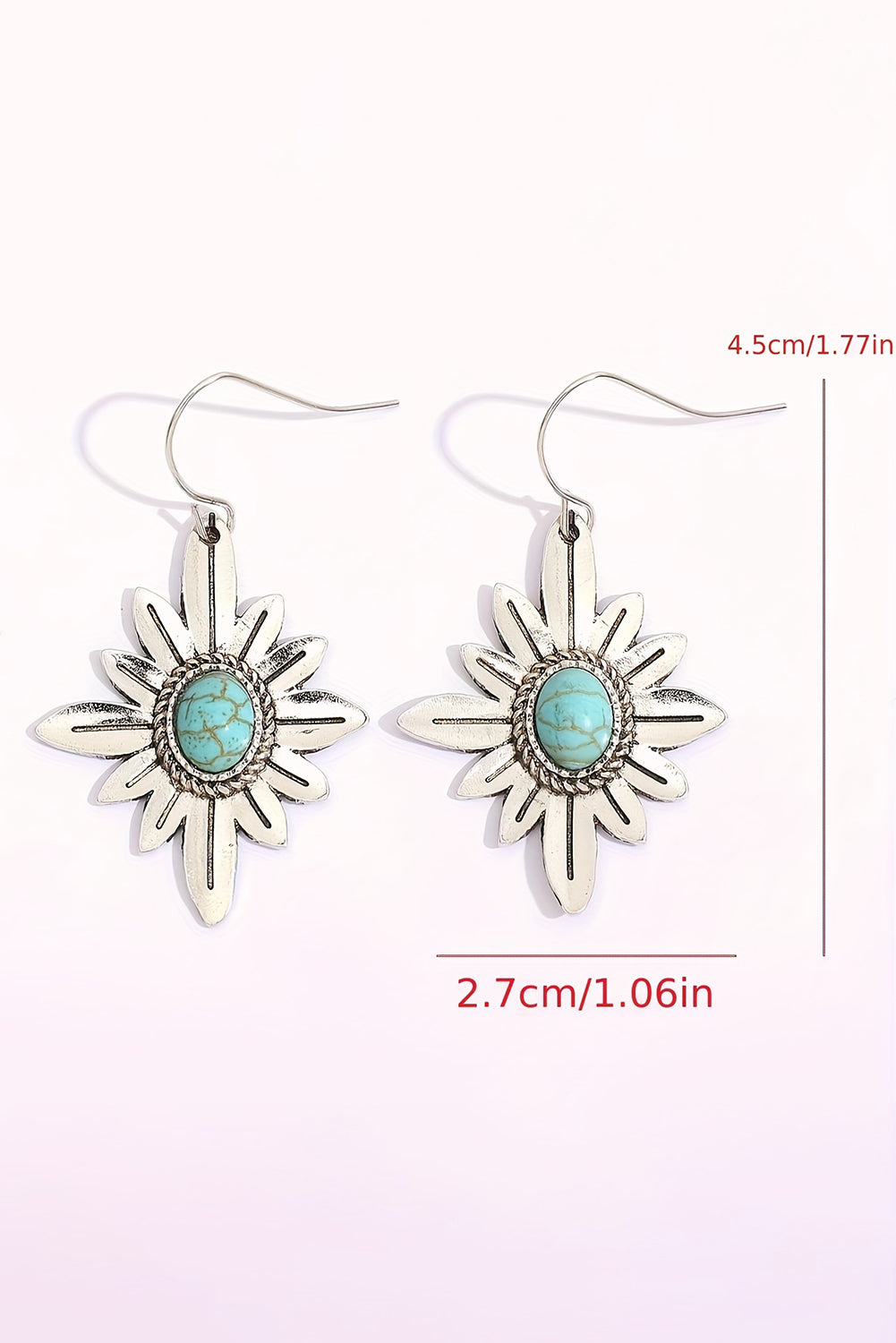 Silvery Western Turquoise Flower Shape Hook Earrings featuring vibrant turquoise stones in a floral design, perfect for stylish accessorizing.