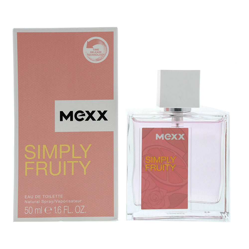 Bottle of Mexx Simply Fruity Eau de Toilette with a vibrant design, showcasing its fruity essence.