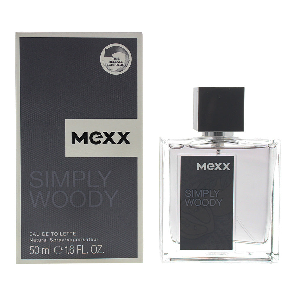 Bottle of Mexx Simply Woody Eau de Toilette with a sleek design, showcasing its modern aesthetic and woody fragrance.