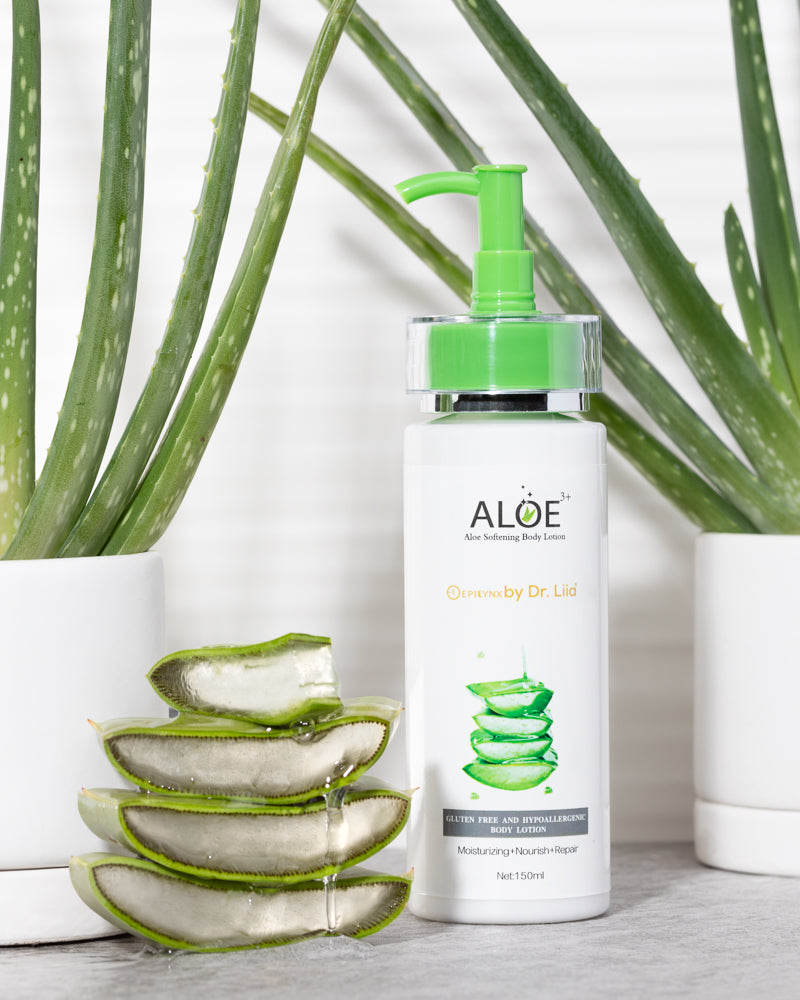 Skin Relief Body Lotion for dry skin with Aloe Vera, featuring a sleek bottle design and natural ingredients.