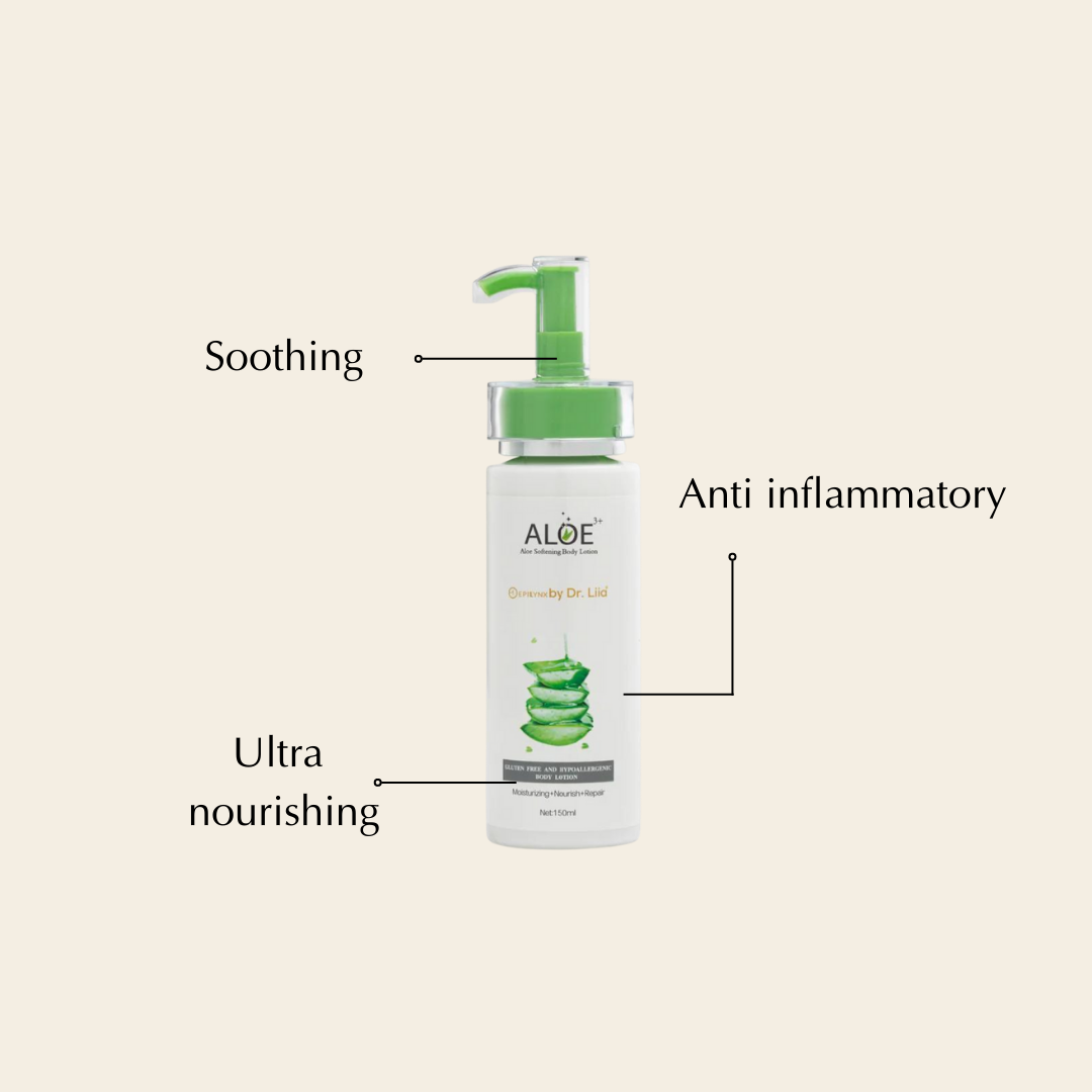 Skin Relief Body Lotion for dry skin with Aloe Vera, featuring a sleek bottle design and natural ingredients.