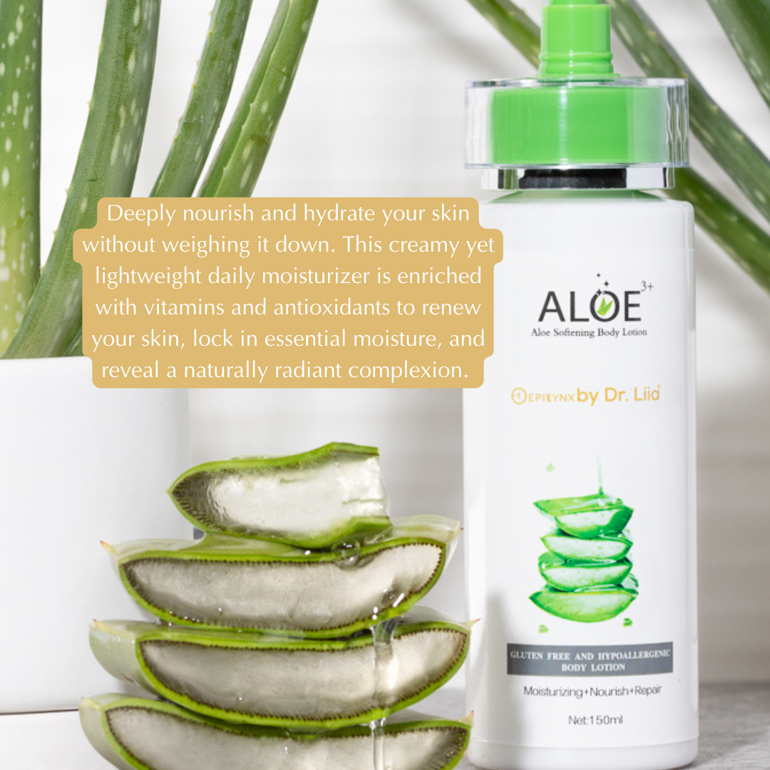 Skin Relief Body Lotion for dry skin with Aloe Vera, featuring a sleek bottle design and natural ingredients.