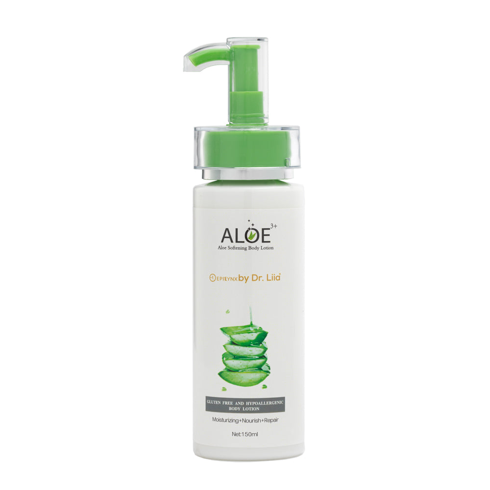 Skin Relief Body Lotion for dry skin with Aloe Vera, featuring a sleek bottle design and natural ingredients.