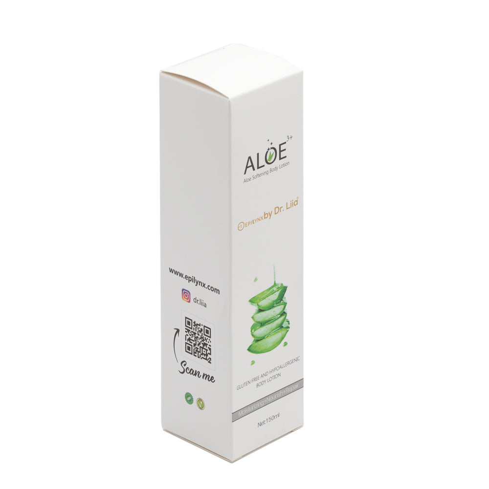 Skin Relief Body Lotion for dry skin with Aloe Vera, featuring a sleek bottle design and natural ingredients.