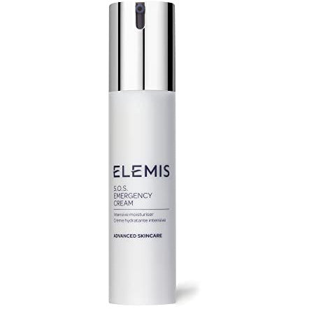 Elemis Skin Solutions S.O.S. Emergency Cream in a sleek jar, showcasing its rich texture and soothing properties.