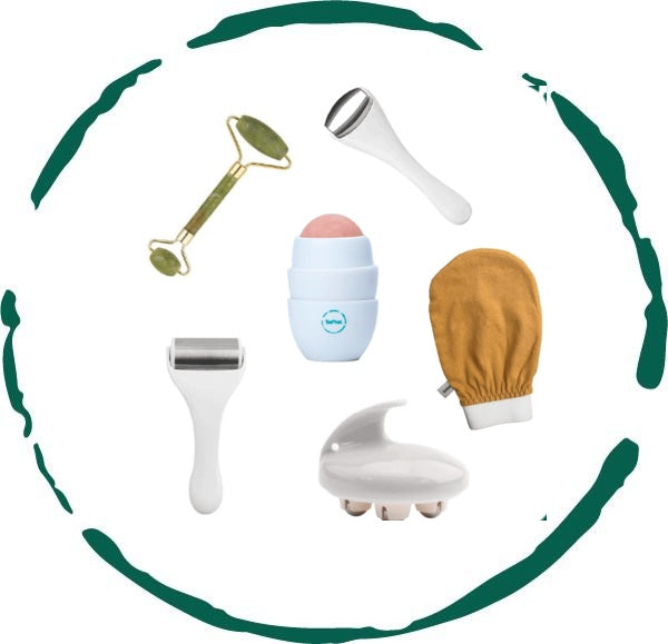 A collection of six high-quality skincare accessories including ice rollers, a jade roller, and an exfoliating glove, all designed for effective skincare.