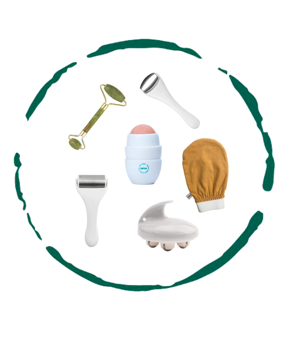 A collection of six high-quality skincare accessories including ice rollers, a jade roller, and an exfoliating glove, all designed for effective skincare.