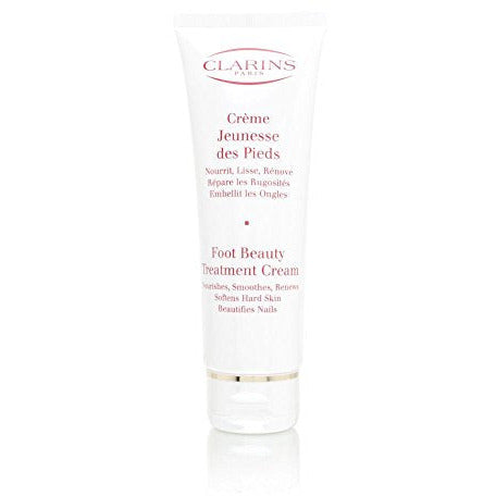 Clarins Skincare Foot Beauty Treatment Cream in a sleek tube, showcasing its luxurious texture and packaging.