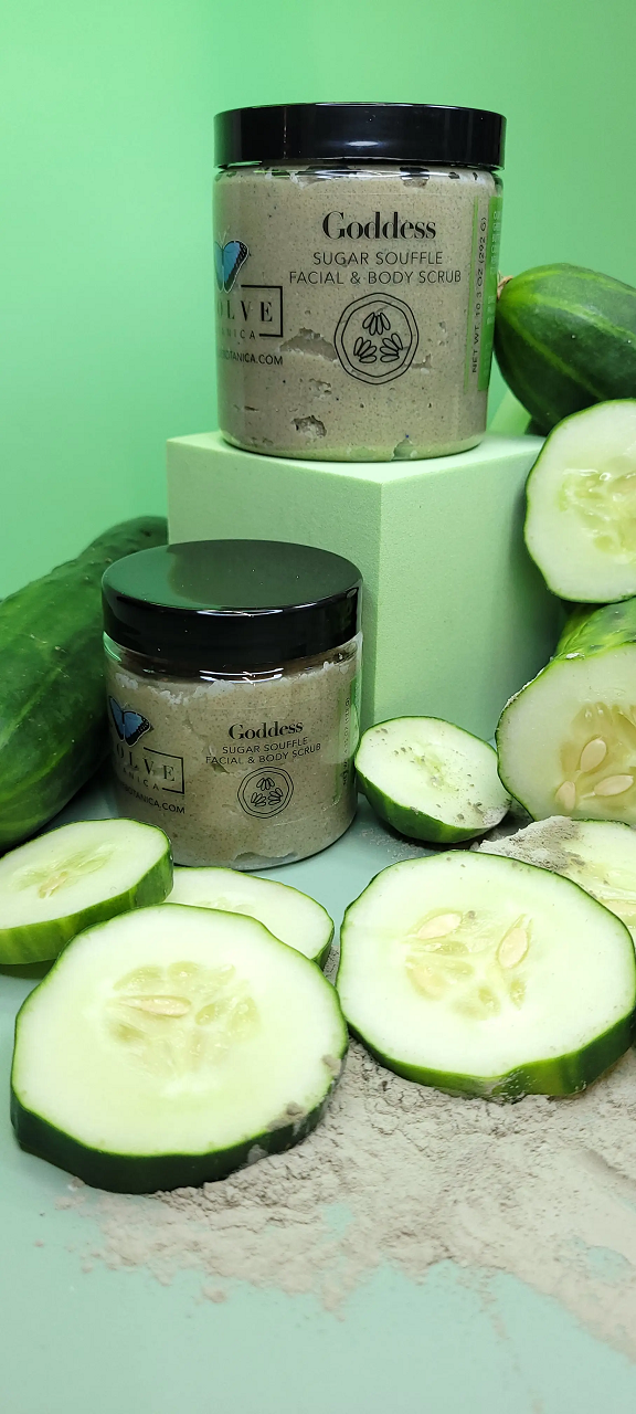 Goddess Facial and Body Scrub in a jar with natural ingredients like shea butter and cucumber seed oil.