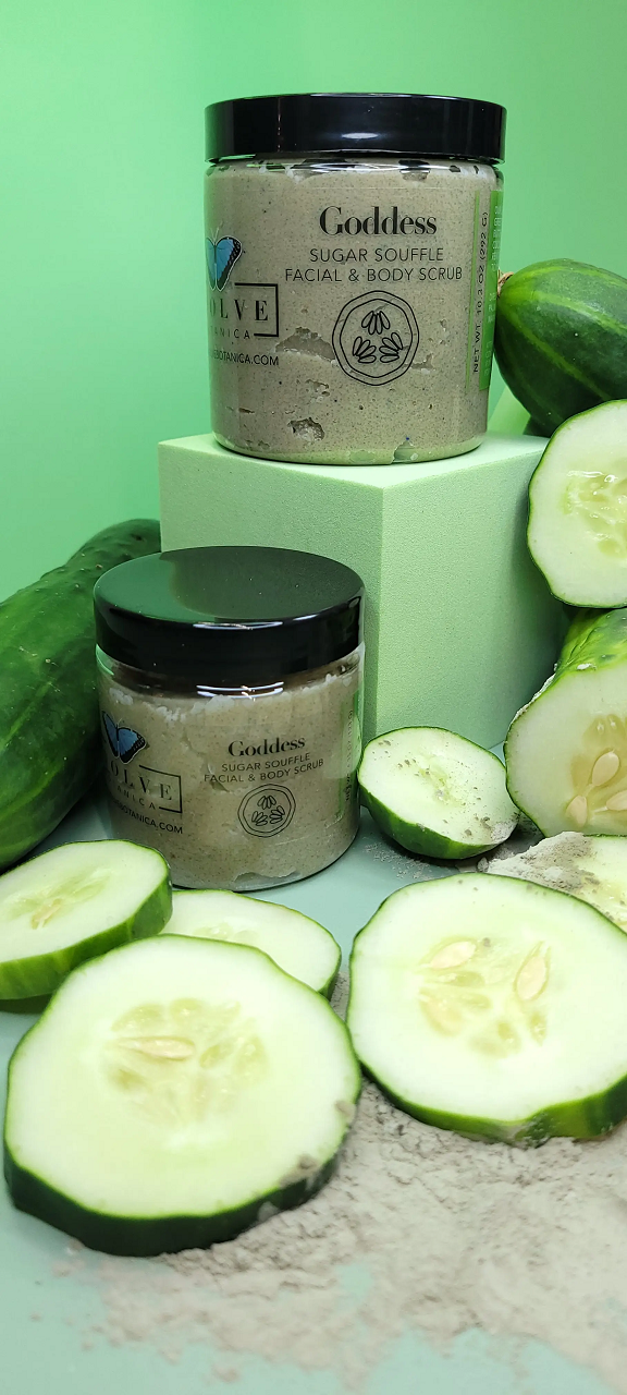 Goddess Facial and Body Scrub in a jar with natural ingredients like shea butter and cucumber seed oil.