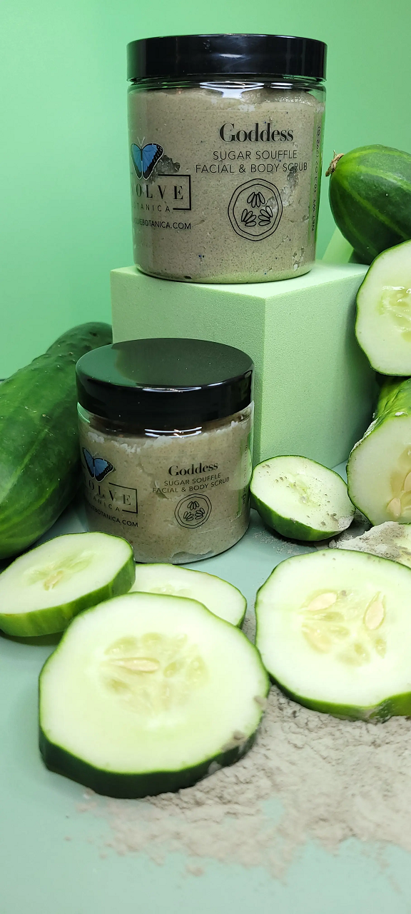 Goddess Facial and Body Scrub in a jar with natural ingredients like shea butter and cucumber seed oil.