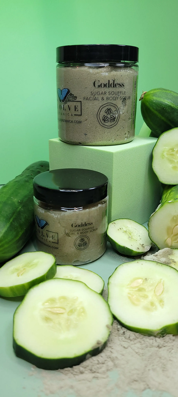 Goddess Facial and Body Scrub in a jar with natural ingredients like shea butter and cucumber seed oil.