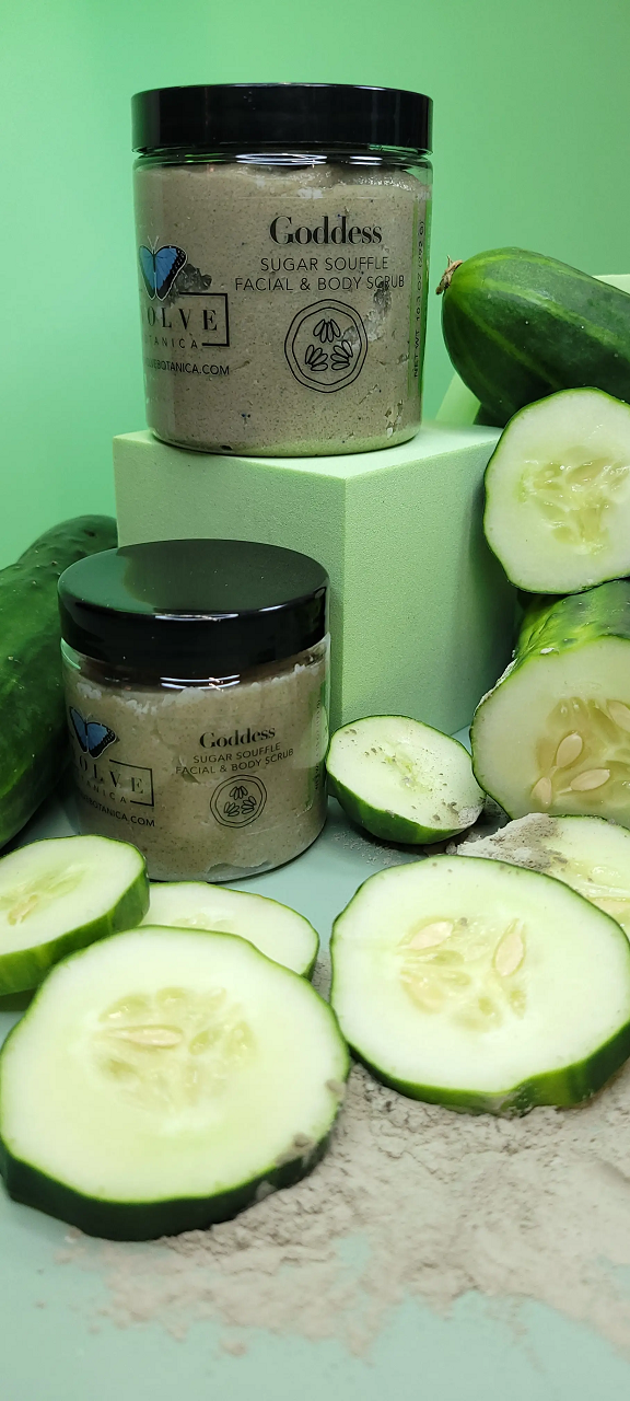 Goddess Facial and Body Scrub in a jar with natural ingredients like shea butter and cucumber seed oil.