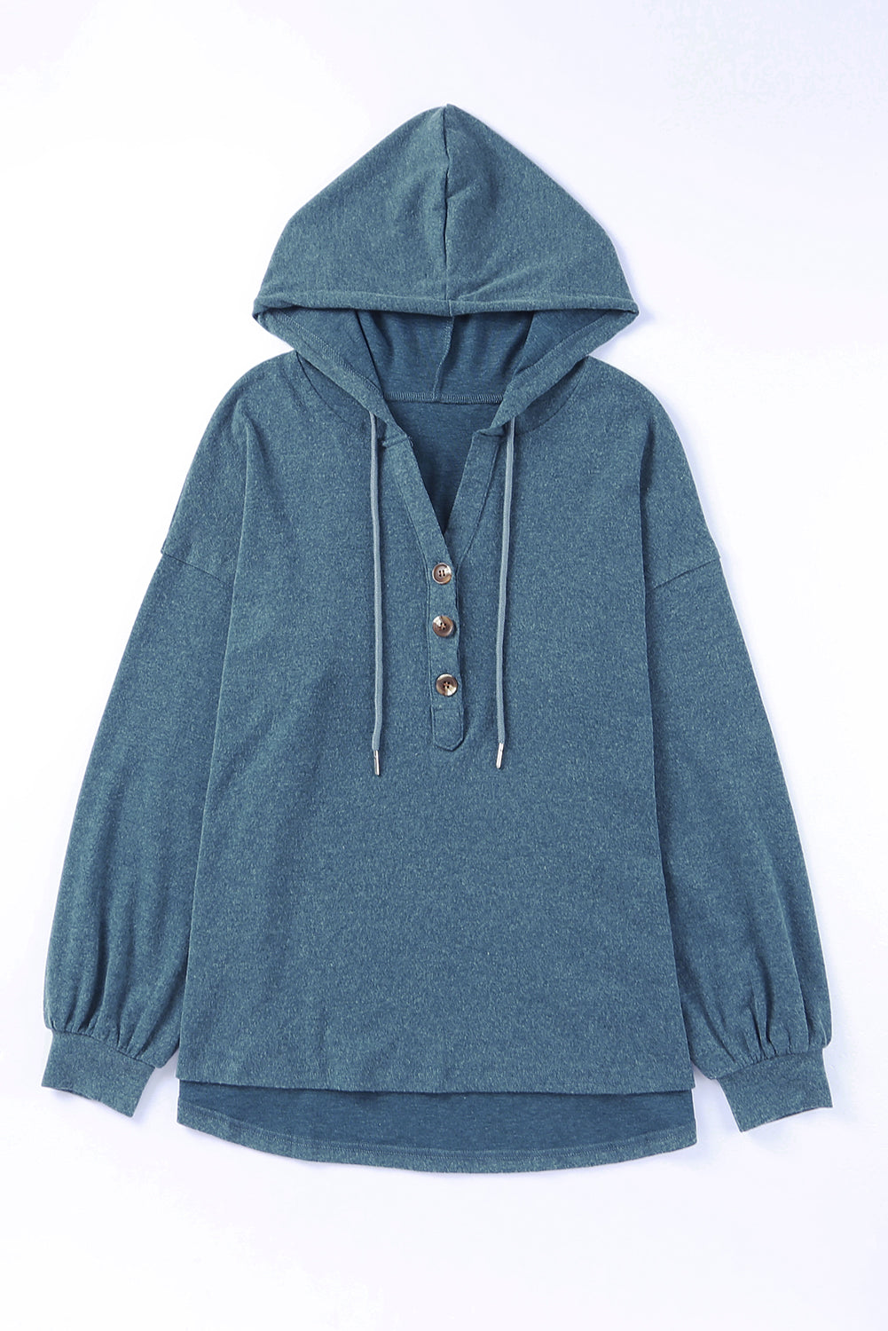 Sky Blue Buttoned High and Low Hem Hoodie with drawstring hood and tortoiseshell buttons, showcasing a relaxed fit and side slits.