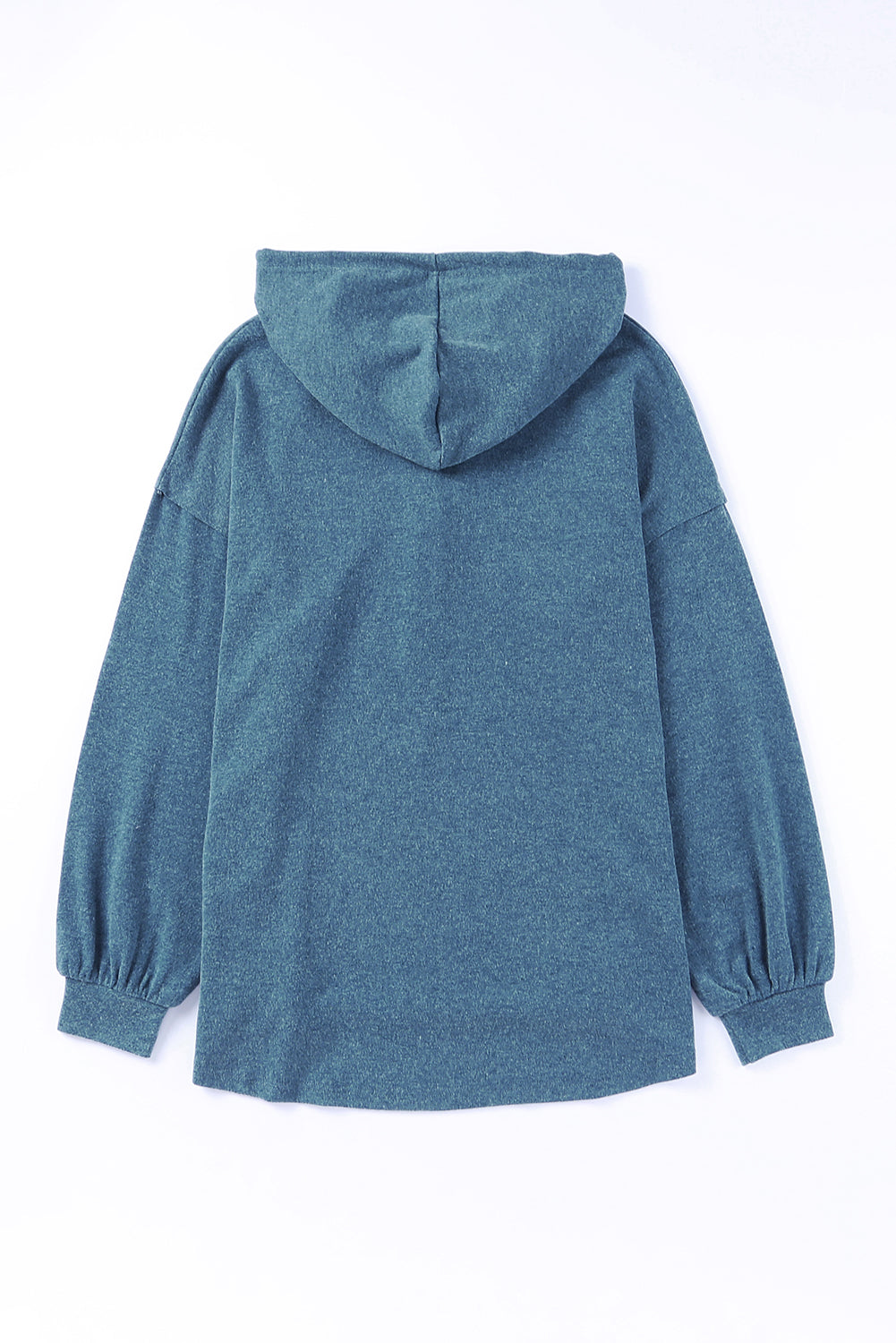 Sky Blue Buttoned High and Low Hem Hoodie with drawstring hood and tortoiseshell buttons, showcasing a relaxed fit and side slits.