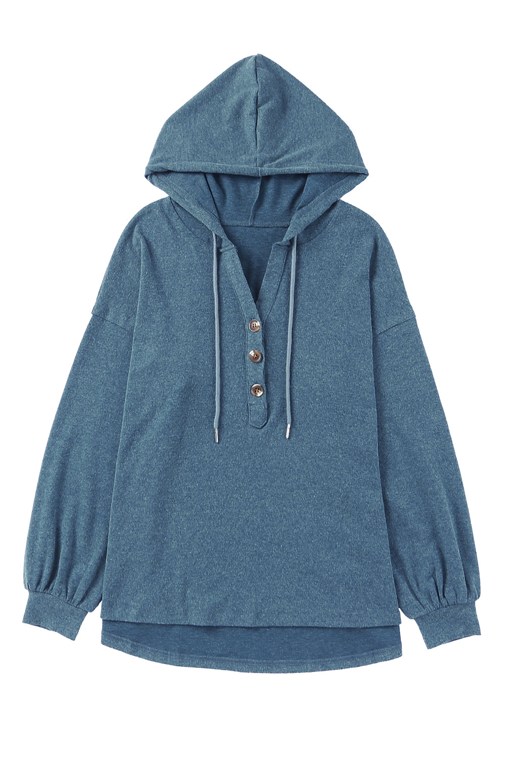 Sky Blue Buttoned High and Low Hem Hoodie with drawstring hood and tortoiseshell buttons, showcasing a relaxed fit and side slits.