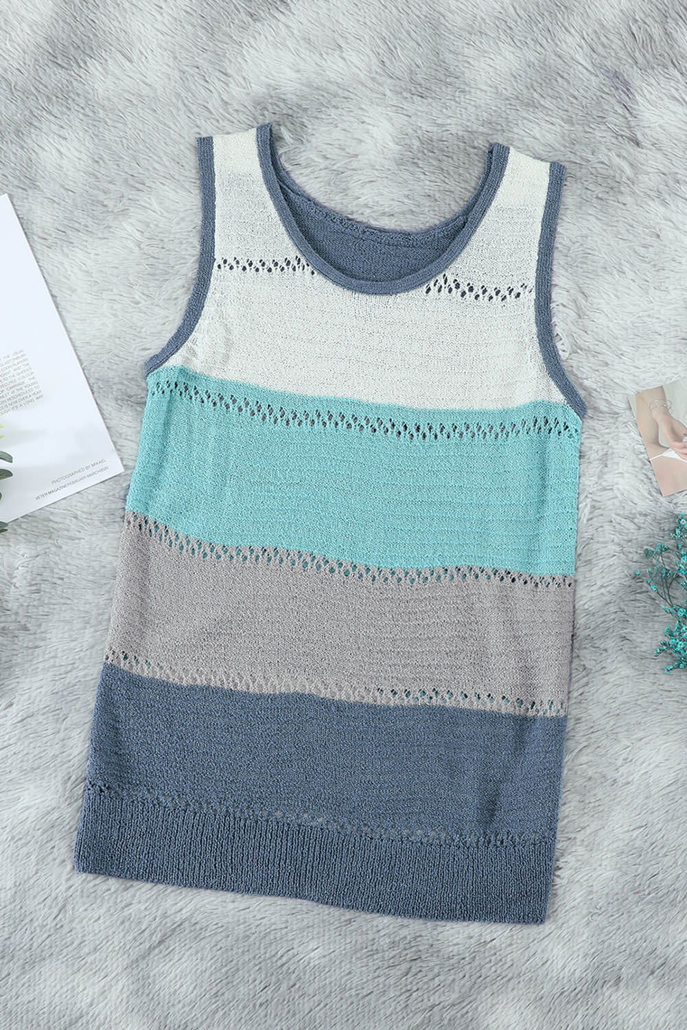 Sky Blue Color Block Knitted Tank Top showcasing a stylish design with a slim fit, perfect for casual or dressy occasions.