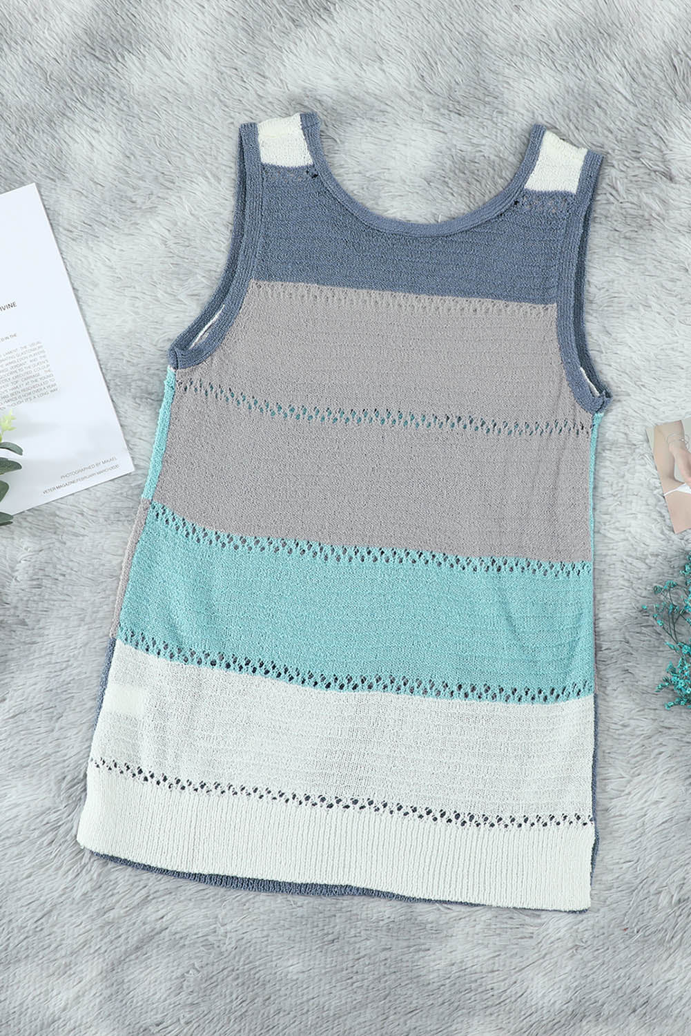 Sky Blue Color Block Knitted Tank Top showcasing a stylish design with a slim fit, perfect for casual or dressy occasions.