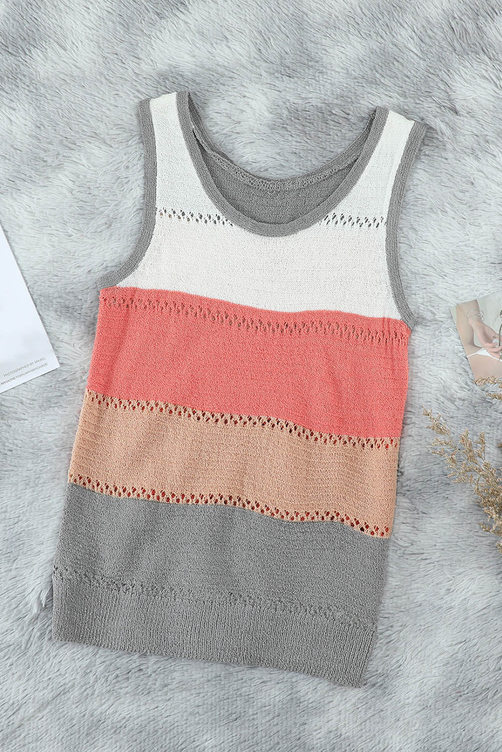 Sky Blue Color Block Knitted Tank Top showcasing a stylish design with a slim fit, perfect for casual or dressy occasions.