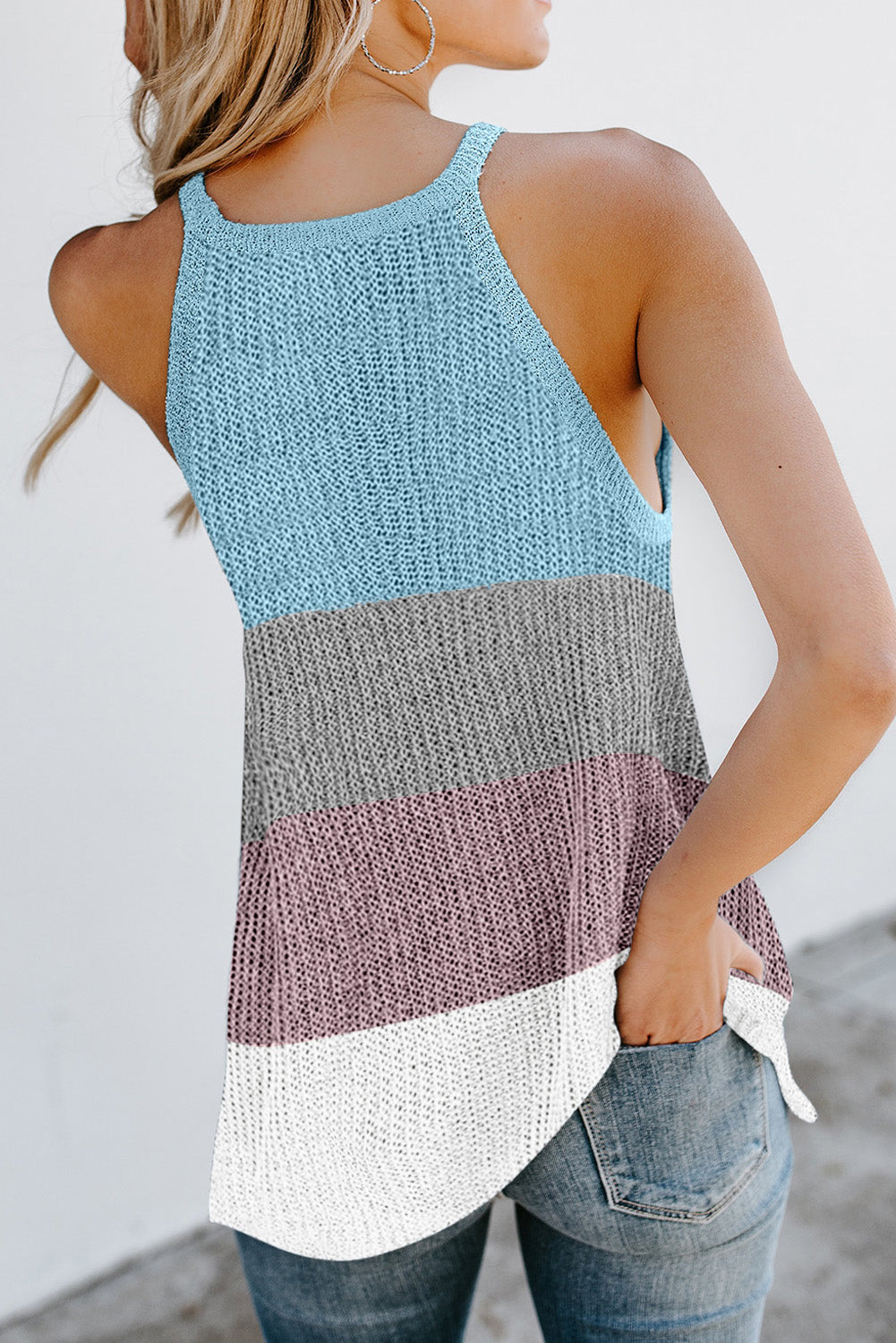 Sky Blue Color Block Striped Knit Tank Top with slender straps and a relaxed fit, perfect for casual wear.