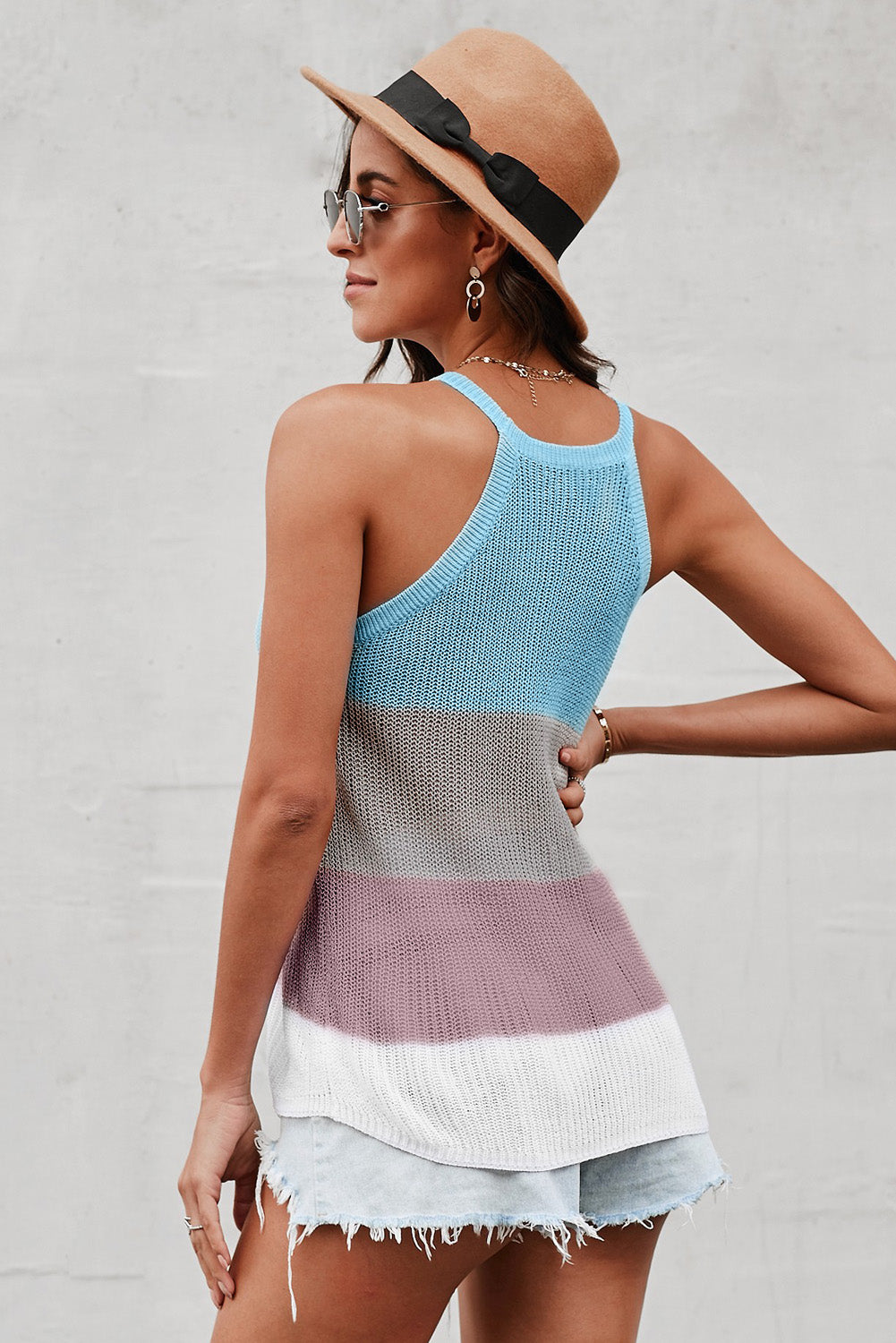 Sky Blue Color Block Striped Knit Tank Top with slender straps and a relaxed fit, perfect for casual wear.