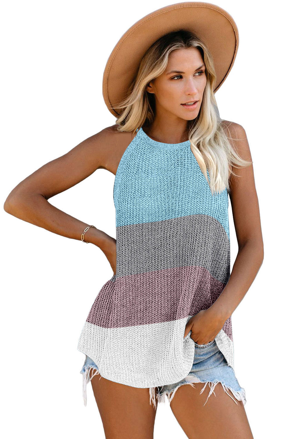 Sky Blue Color Block Striped Knit Tank Top with slender straps and a relaxed fit, perfect for casual wear.