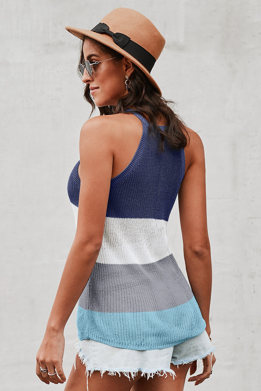 Sky Blue Color Block Striped Knit Tank Top with slender straps and a relaxed fit, perfect for casual wear.