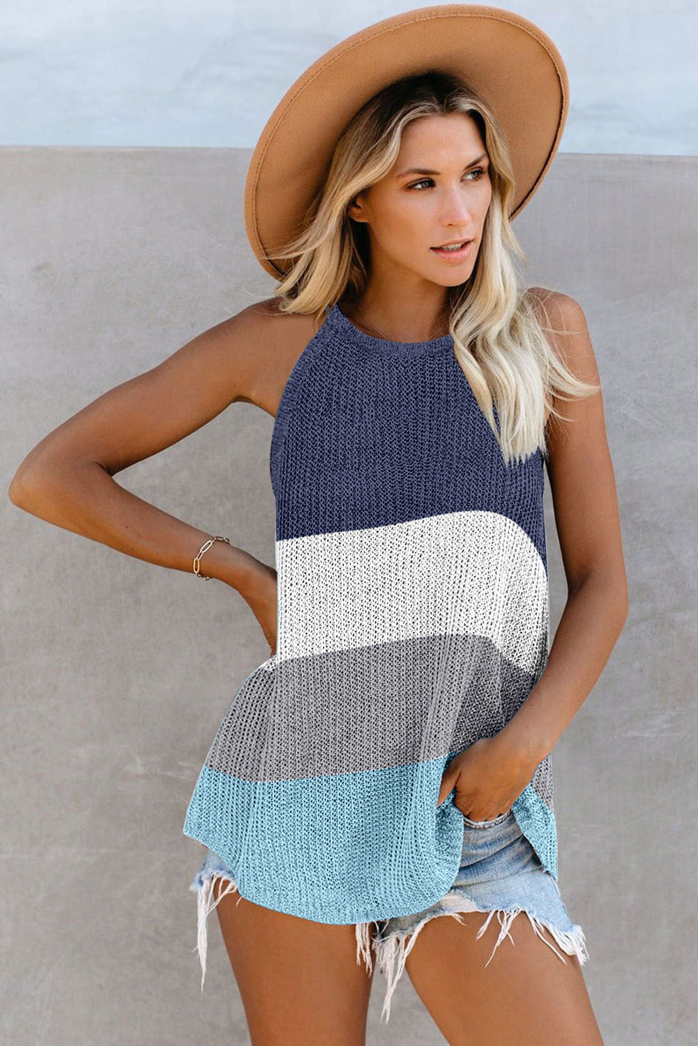 Sky Blue Color Block Striped Knit Tank Top with slender straps and a relaxed fit, perfect for casual wear.