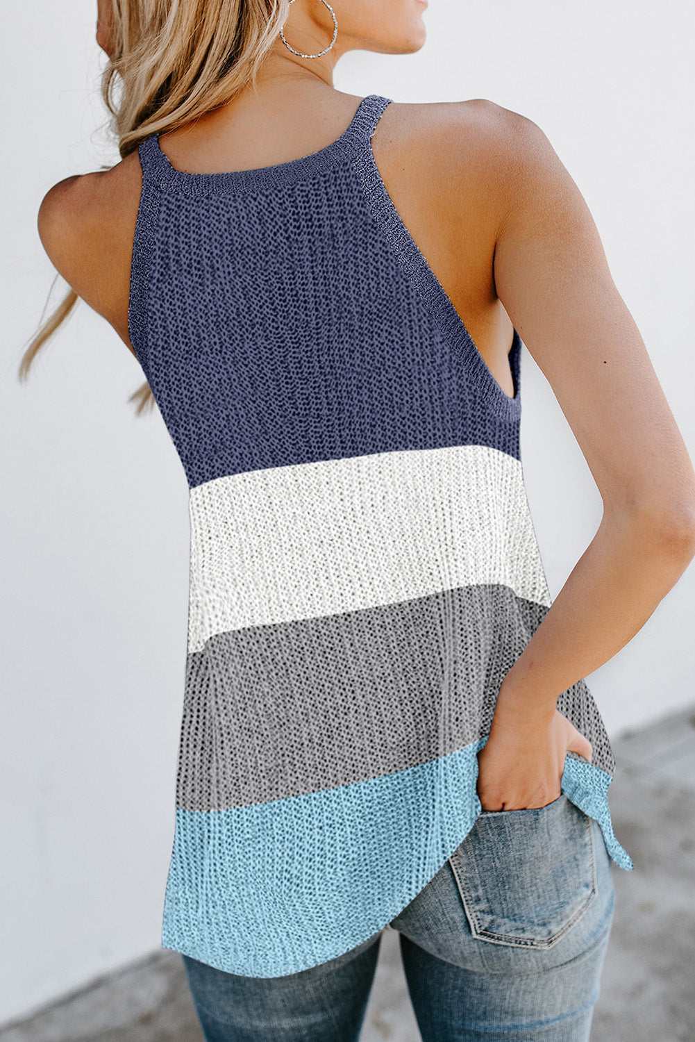 Sky Blue Color Block Striped Knit Tank Top with slender straps and a relaxed fit, perfect for casual wear.